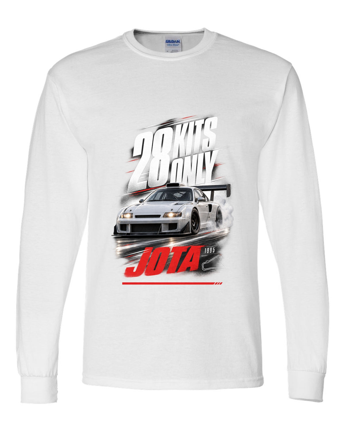 Race poster print of a Lamborghini Diablo SE30 Jota with 28 kits only text white long sleeve front view with the design