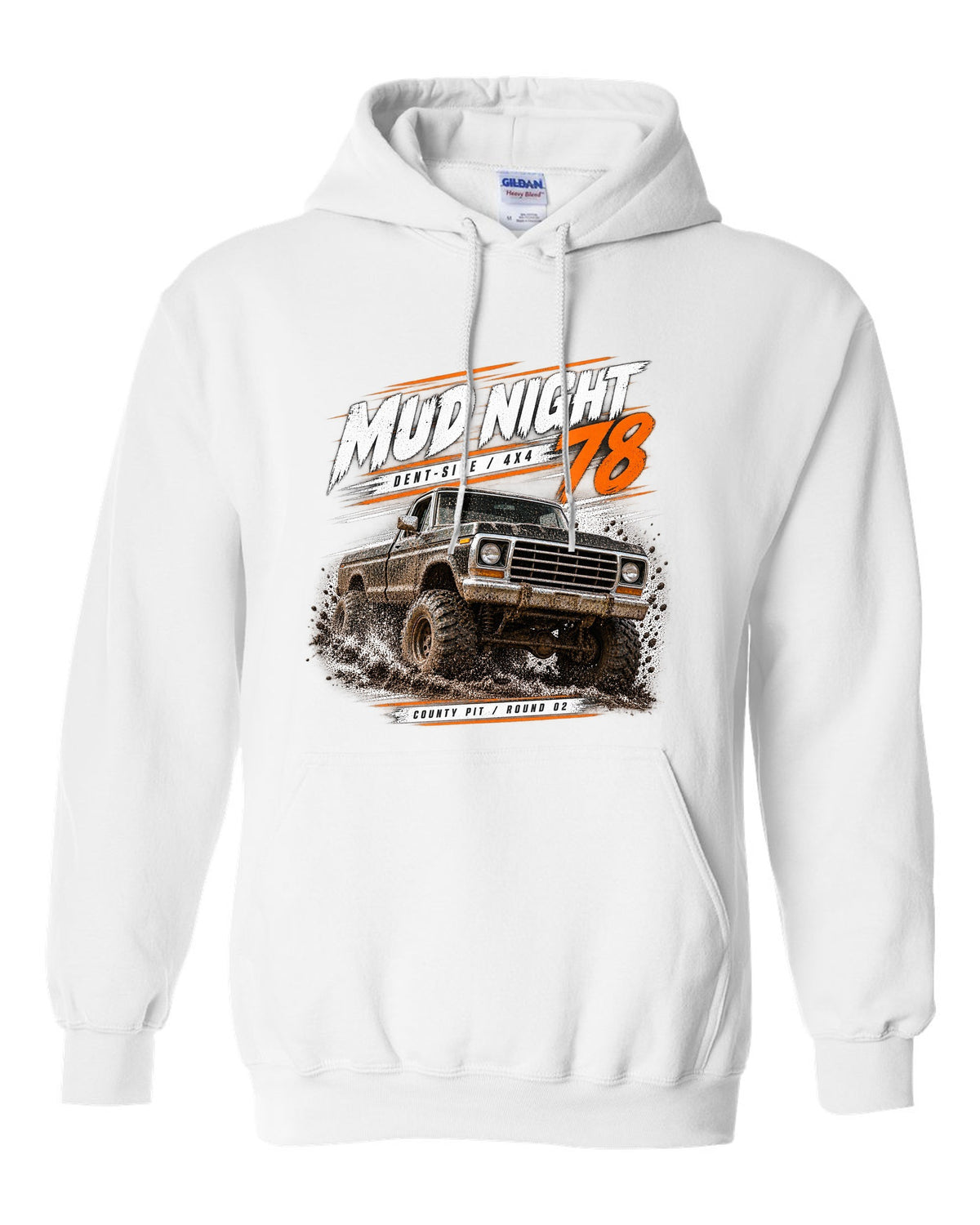 Ford F-150 Dent-Side 1973-79 4x4 Mud Night Race Poster Tee white pull over hoodie front view with the design