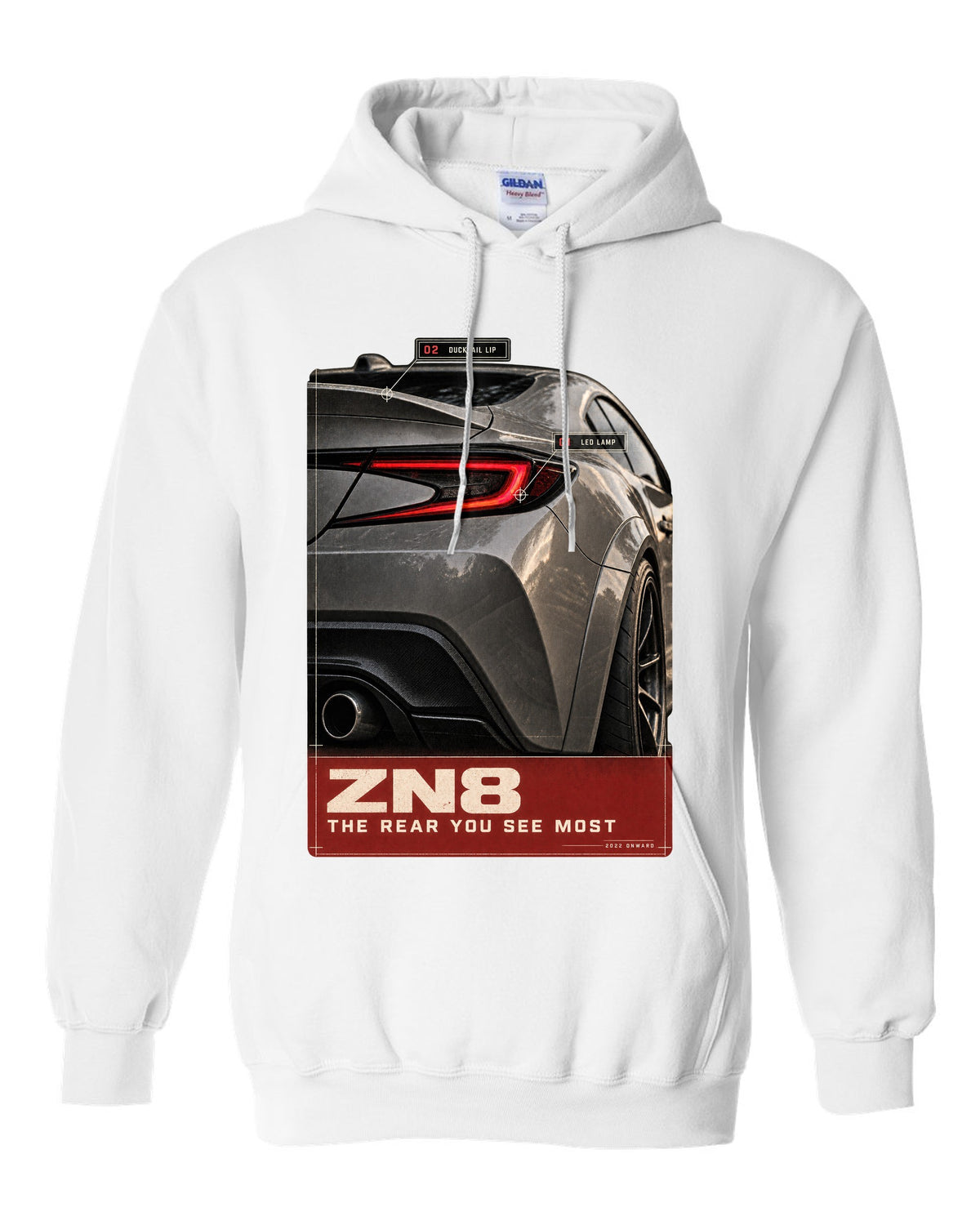 Macro poster-style print of the rear lamp on a Toyota GR86 ZN8 white pull over hoodie front view with the design