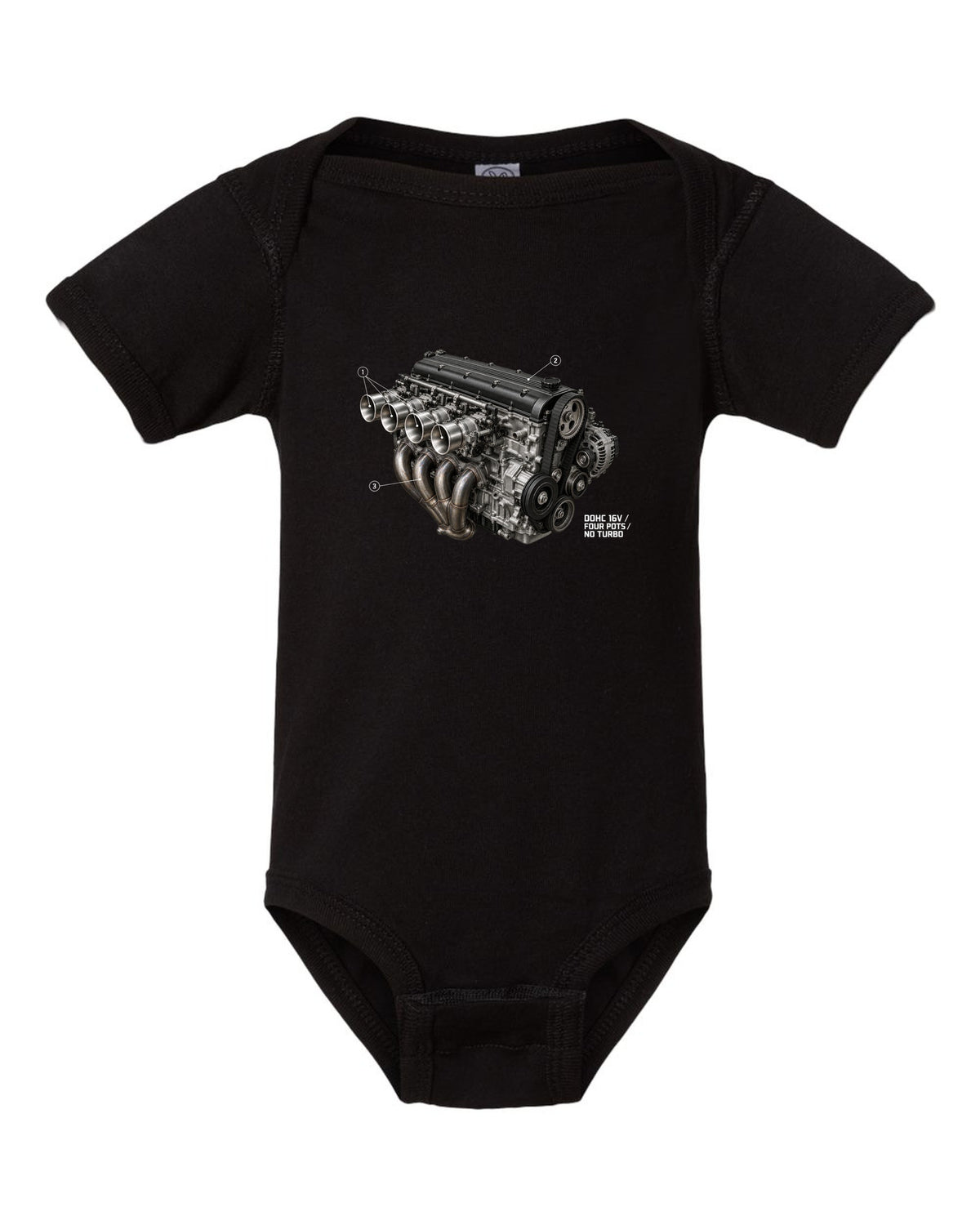 BMW E30 M3 S14 engine hero print labelled DOHC 16V four pots no turbo black baby onesie front view with the design