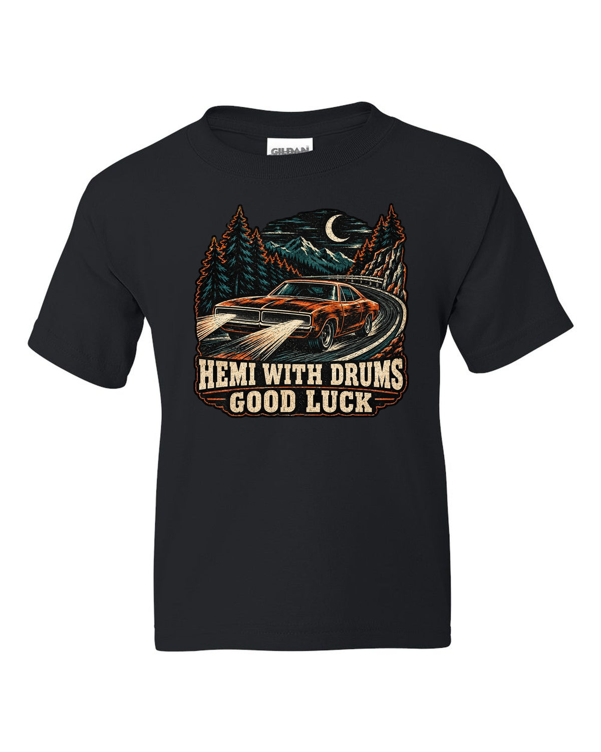 1968 Dodge Charger R/T multi-ink woodcut linocut print with Hemi With Drums Good Luck text black kids tee front view with the design