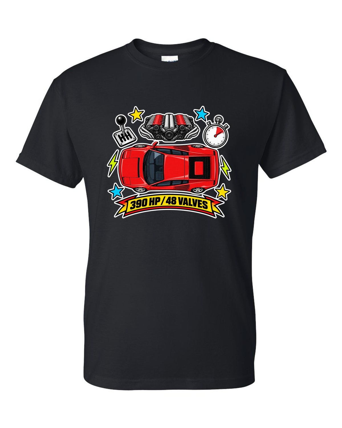Sticker-bomb collage of the Ferrari Testarossa with 390 HP and 48 valves text black t-shirt front view with the design