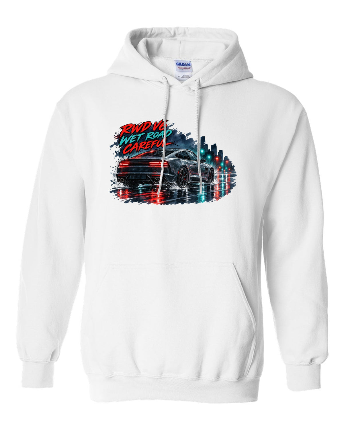 Watercolour wet-road night print of a Kia Stinger GT CK with RWD V6 wet road careful text white pull over hoodie front view with the design