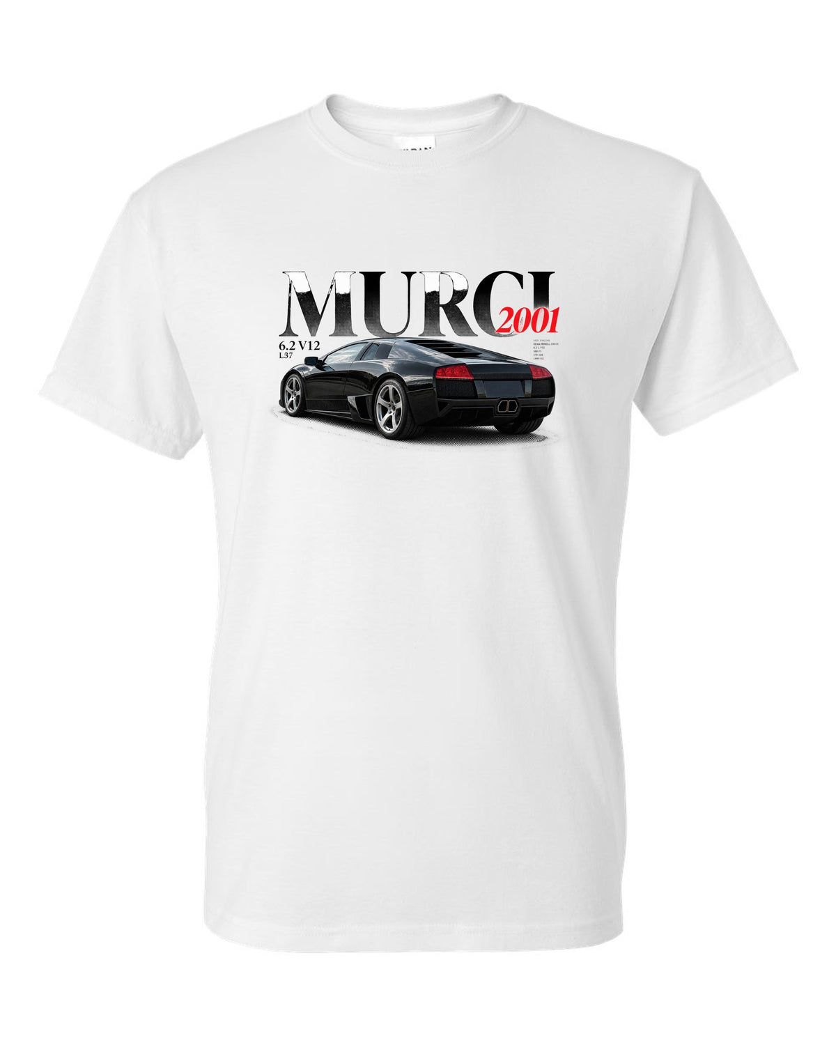 Editorial style print of a Lamborghini Murcielago L537 with 6.2 V12 and 2001 text white t-shirt front view with the design