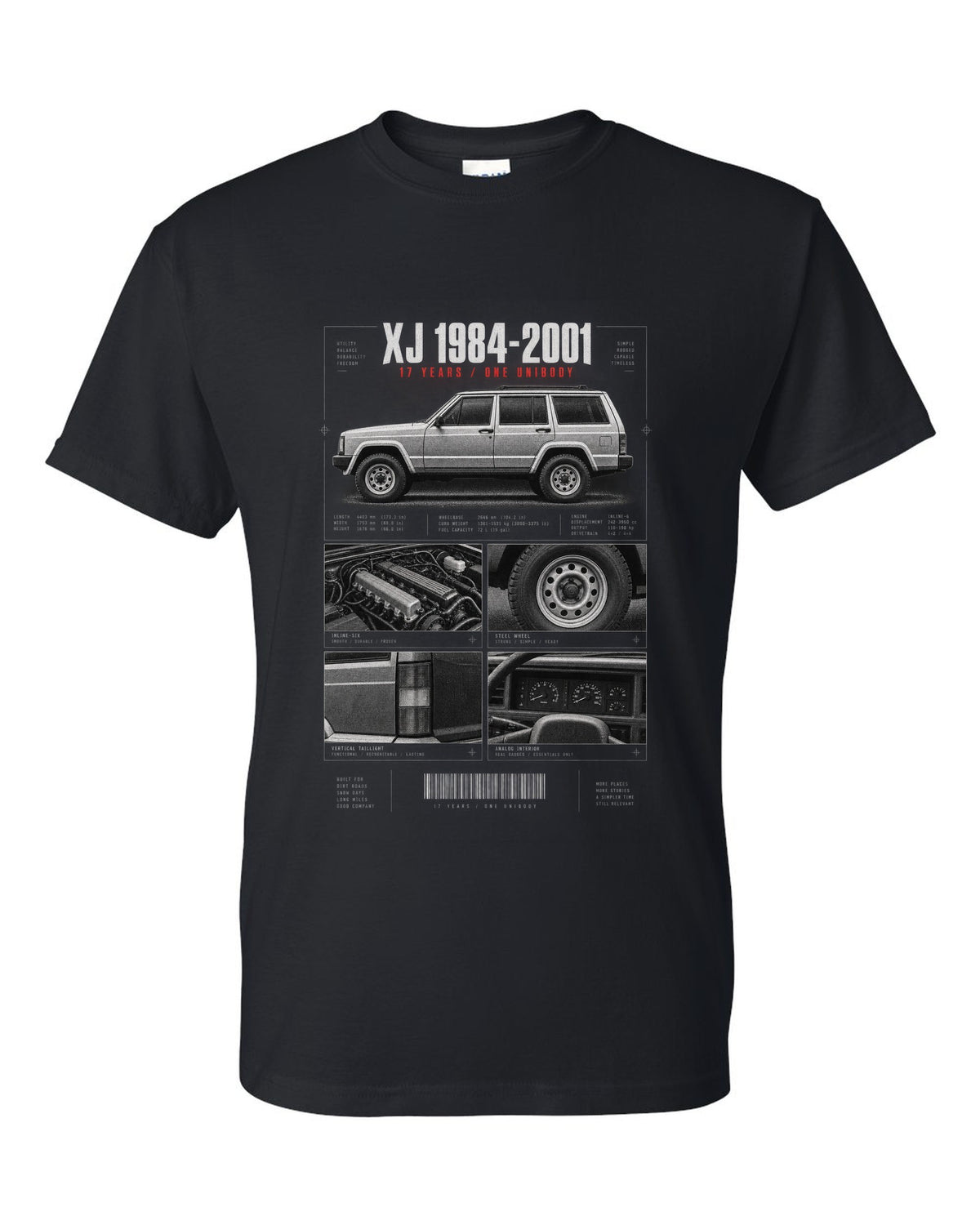 Jeep Cherokee XJ dossier panel print marking 1984 to 2001 black t-shirt front view with the design