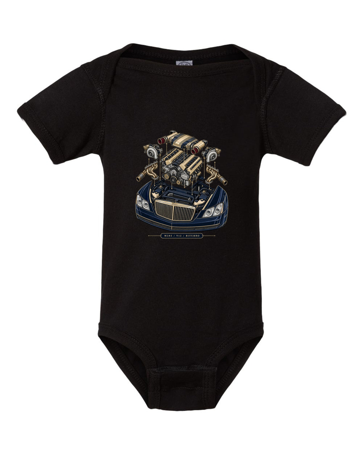 Pastel vaporwave rear view of the one-off Maybach Exelero on a shirt back black baby onesie front view with the design