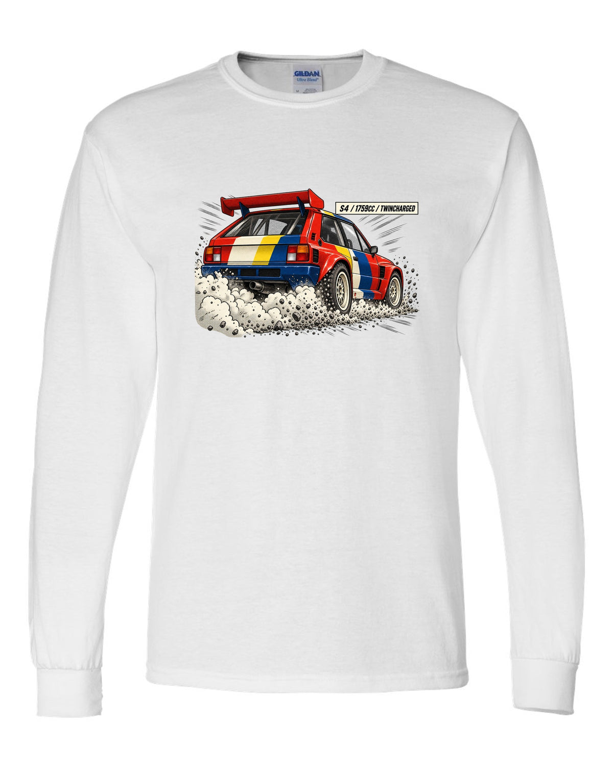 Retro manga halftone panel of the rear of a Lancia Delta S4 with twincharged lettering white long sleeve front view with the design