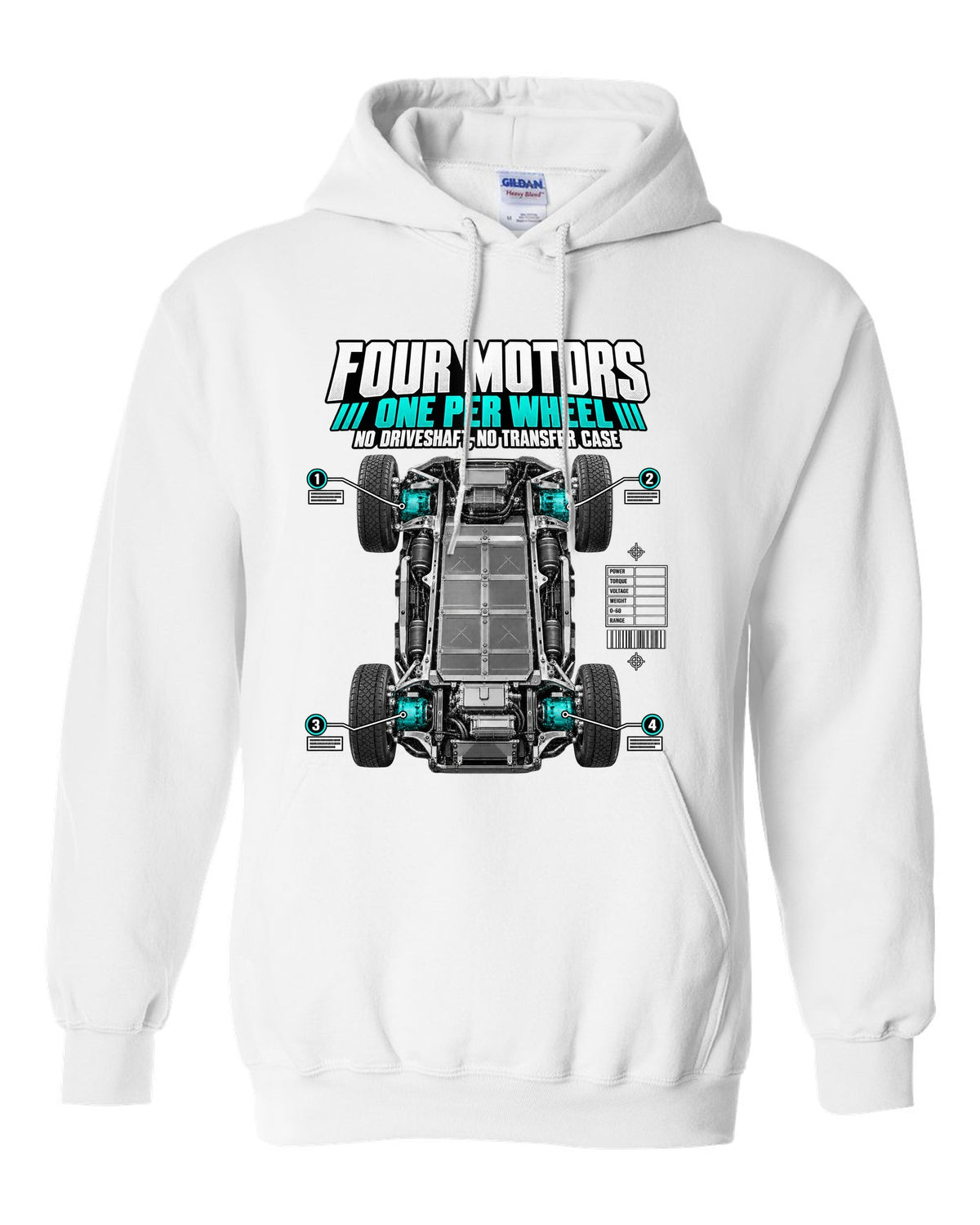Rivian R1T Quad Motor 2022 layout with four motors, one per wheel, no driveshaft and no transfer case white pull over hoodie front view with the design