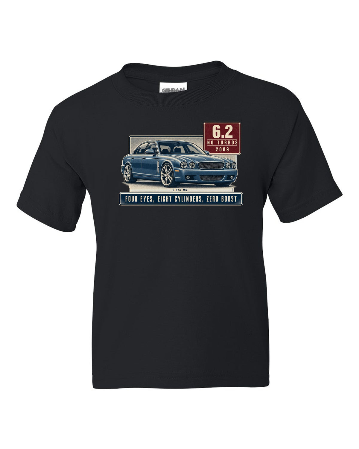 Editorial headline print of a silver-blue Mercedes-AMG E63 W212 pre-facelift black kids tee front view with the design