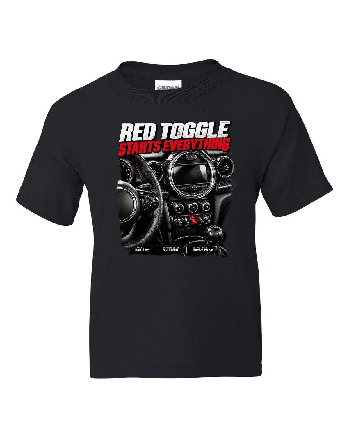 print of the Mini Cooper JCW F56 centre stack with the red toggle switch black kids tee front view with the design