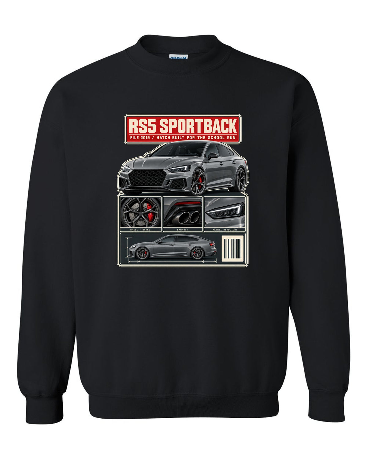Audi RS5 Sportback B9 dossier panel print design black crewneck front view with the design