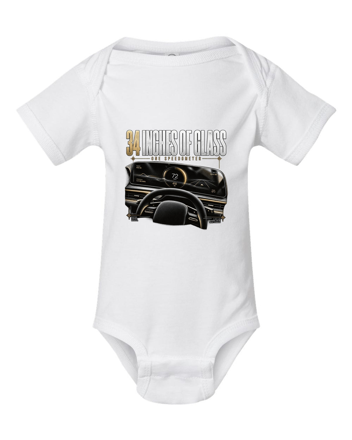 Lucid Air 2022 glass cockpit readout reading 34 inches of glass, one speedometer white baby onesie front view with the design