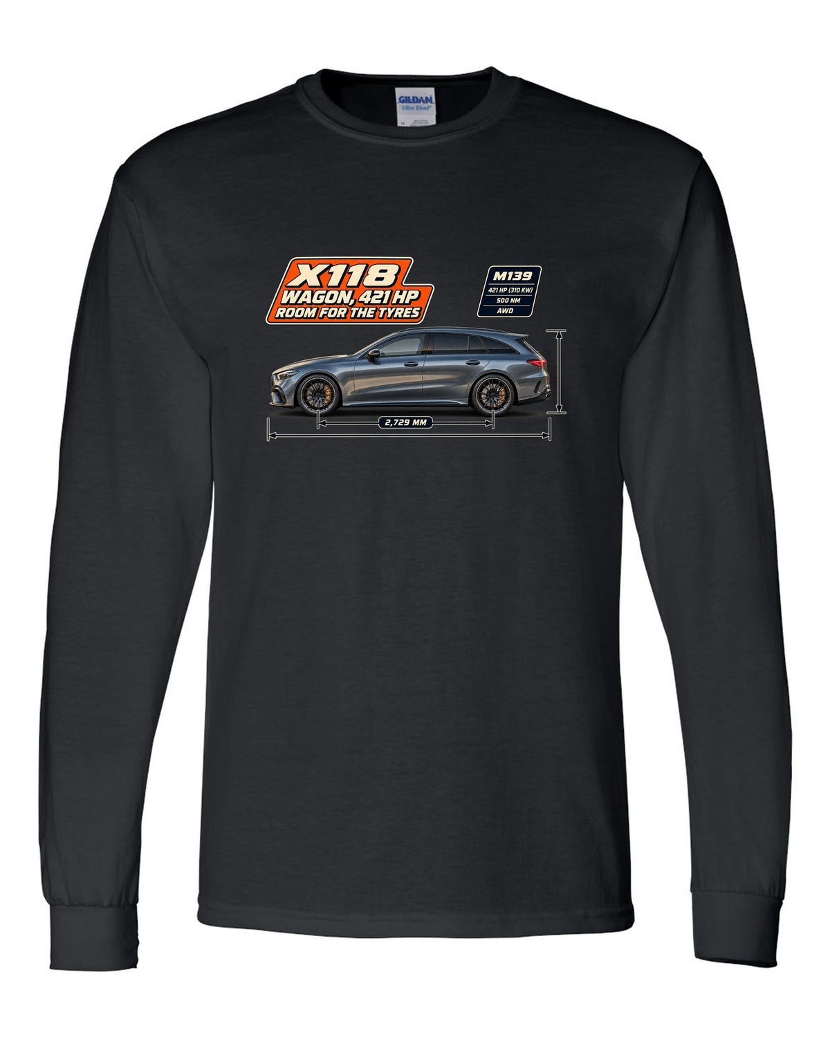 Mercedes-AMG CLA 45 S Shooting Brake X118 wagon spec poster print black long sleeve front view with the design