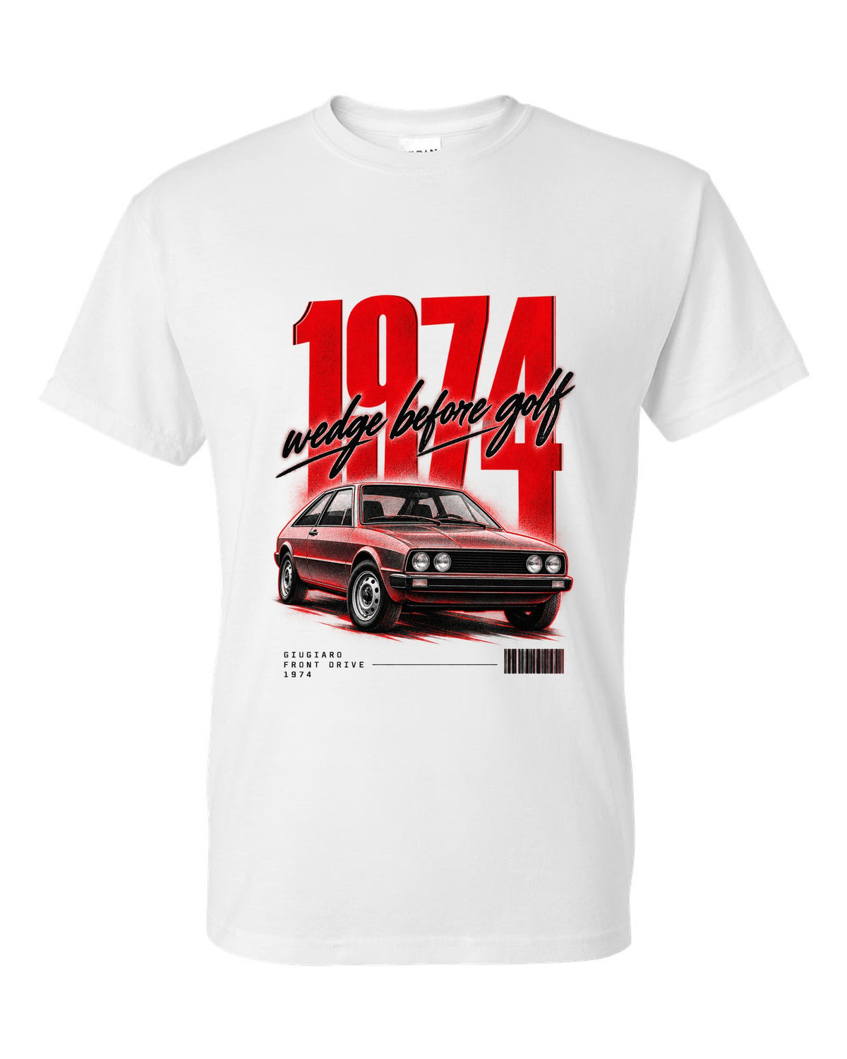 Street poster print of a VW Scirocco Mk1 front three-quarter with wedge before Golf 1974 text white t-shirt front view with the design