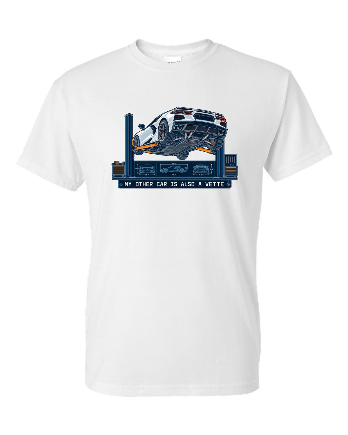 Blueprint line art of a 2020 Chevrolet Corvette C8 Stingray on a workshop lift white t-shirt front view with the design