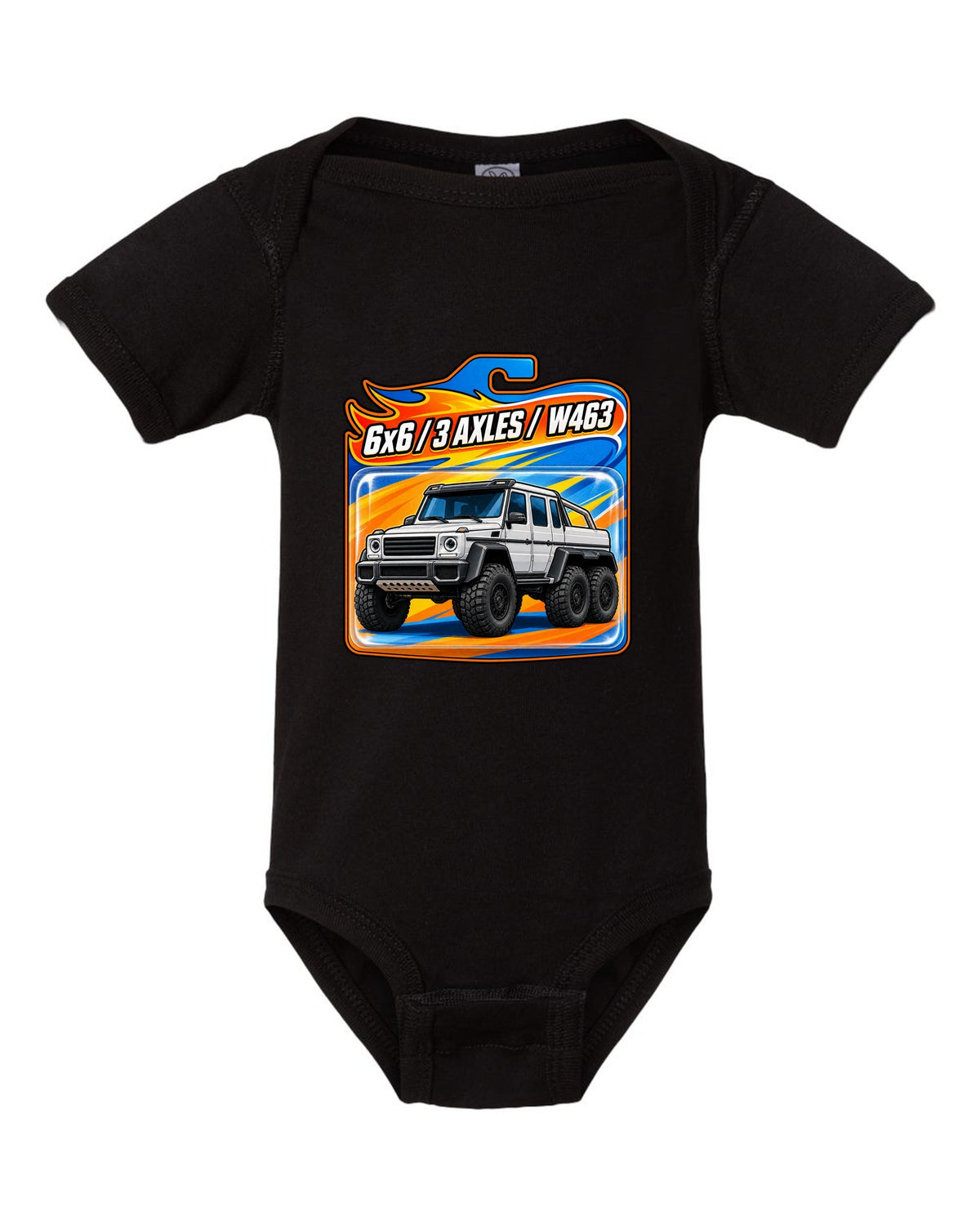 Toy blister card graphic of a Mercedes G63 6x6 W463 with three axles, print black baby onesie front view with the design