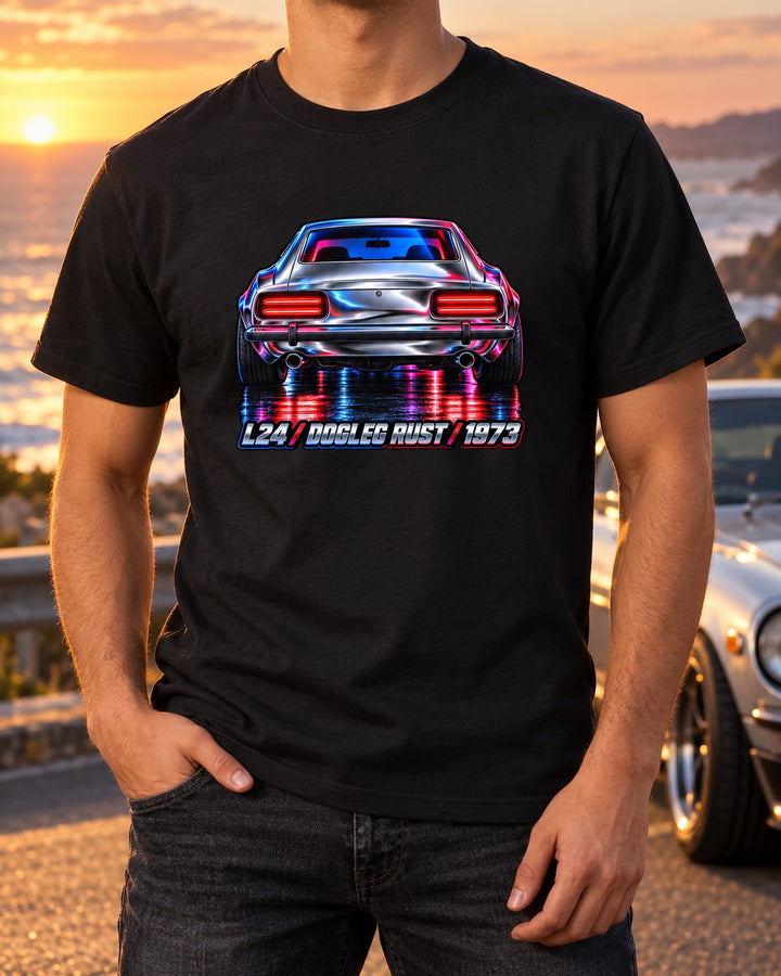 Datsun 240Z Taillight Airbrush Chrome Shirt, L24 Rust Joke T-Shirt Black worn hero