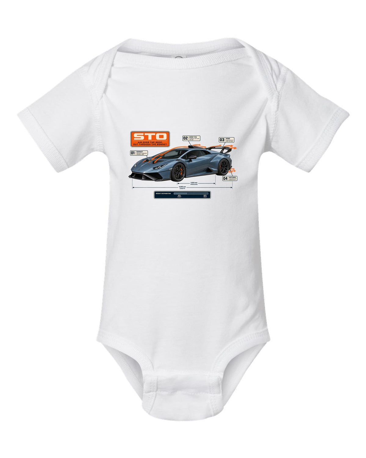 Aero callout print of the Lamborghini Huracan STO showing airflow white baby onesie front view with the design