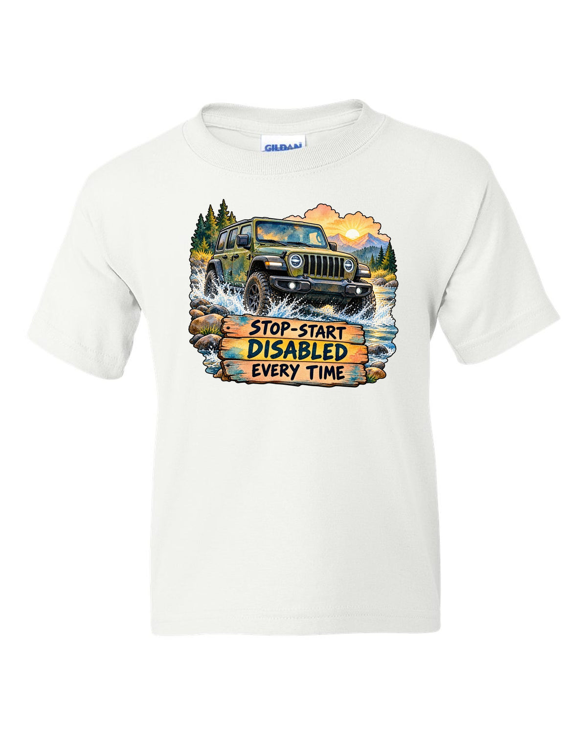 Watercolour night road print of a Jeep Wrangler JL with stop-start disabled text white kids tee front view with the design