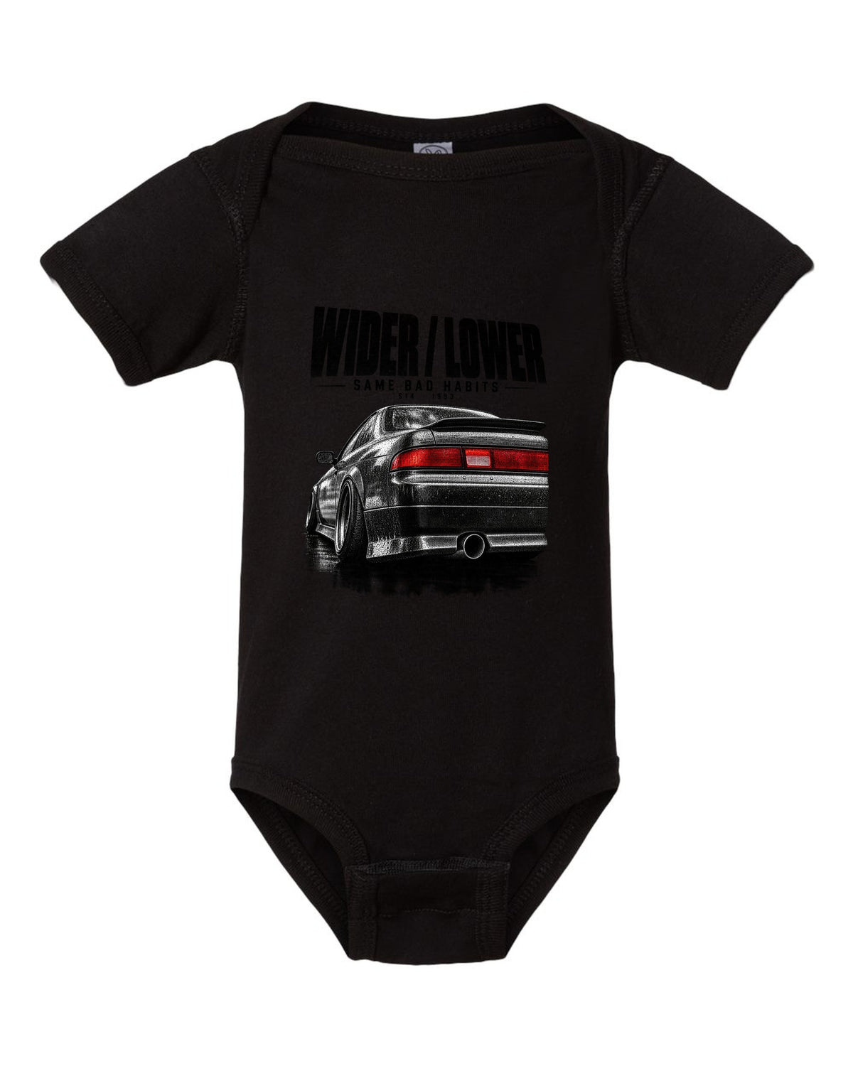 Close-up macro of a Nissan Silvia S14 zenki taillight with wider, lower, same bad habits lettering black baby onesie front view with the design