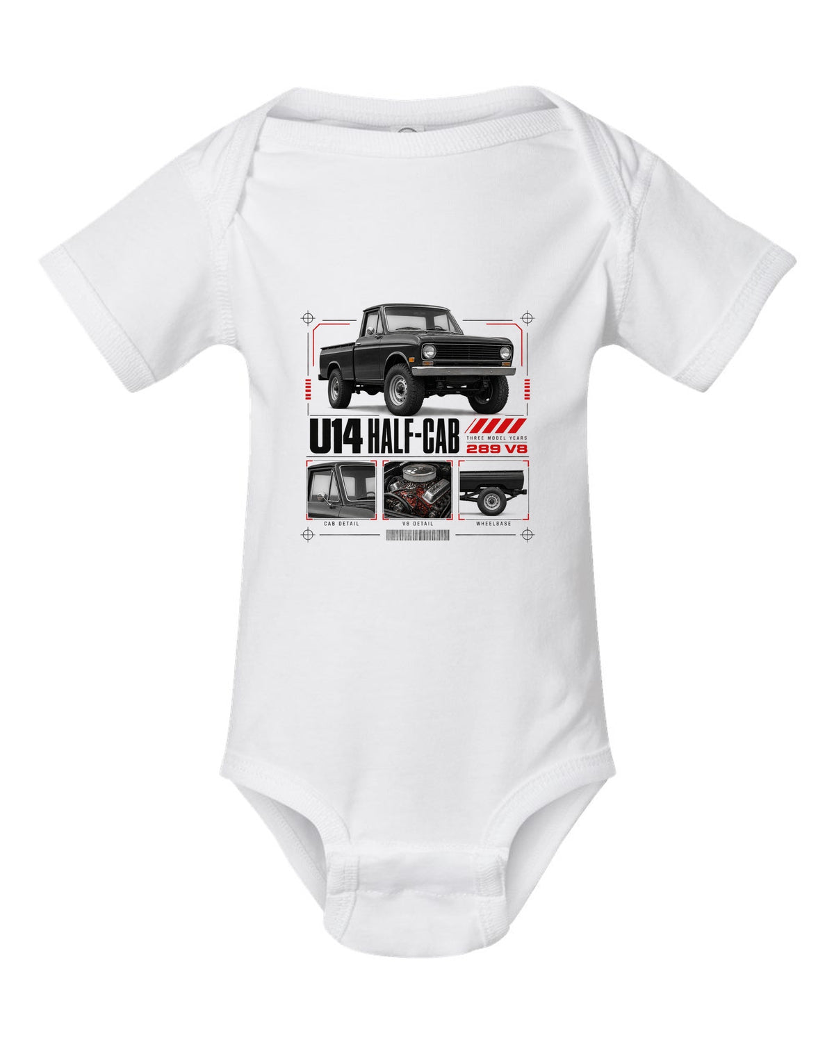 Ford Early Bronco U14 half-cab dossier panel print with 289 V8 and three model years white baby onesie front view with the design