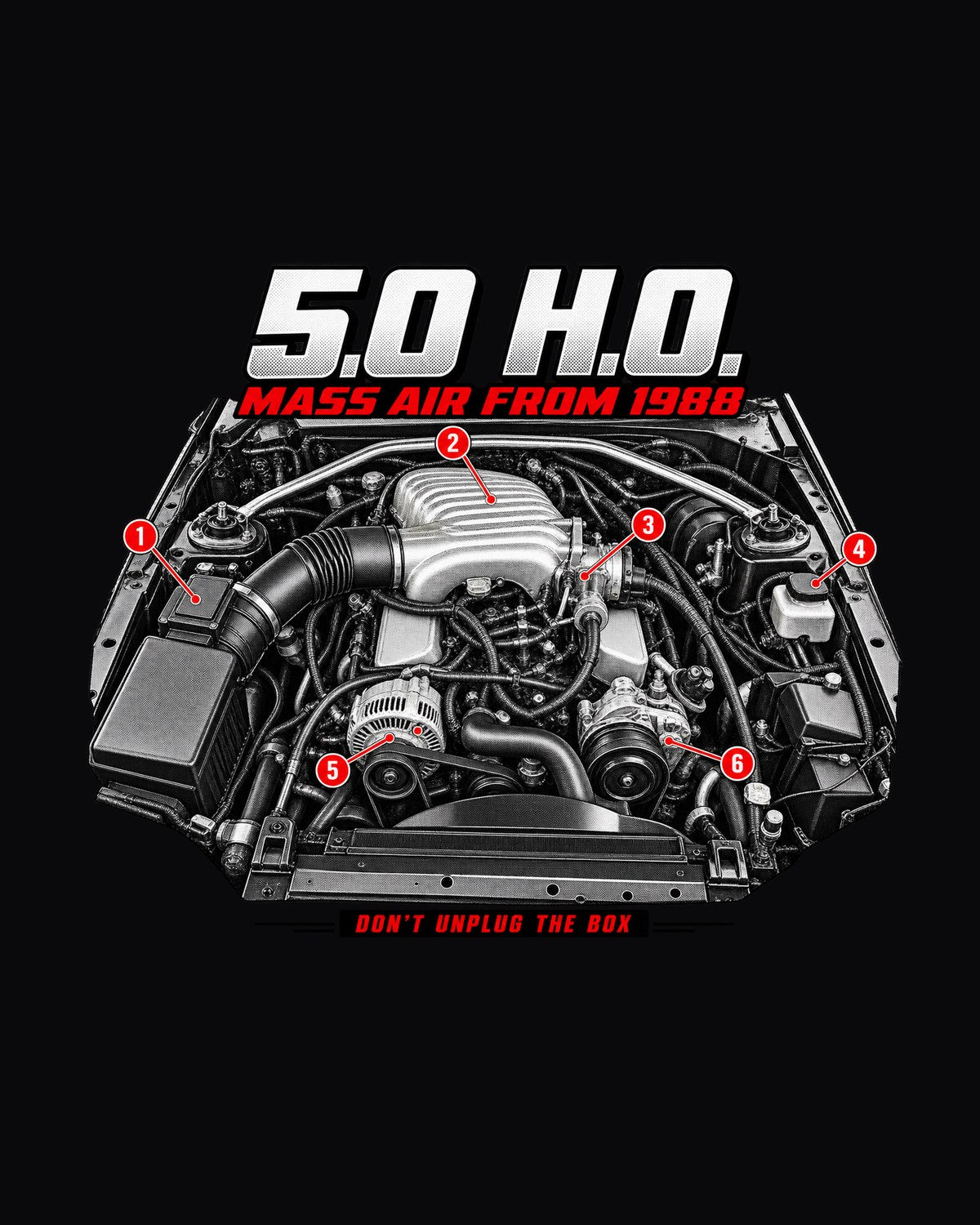 Mustang 5.0 H.O. Fox Body Engine Bay Shirt, 1989 design only