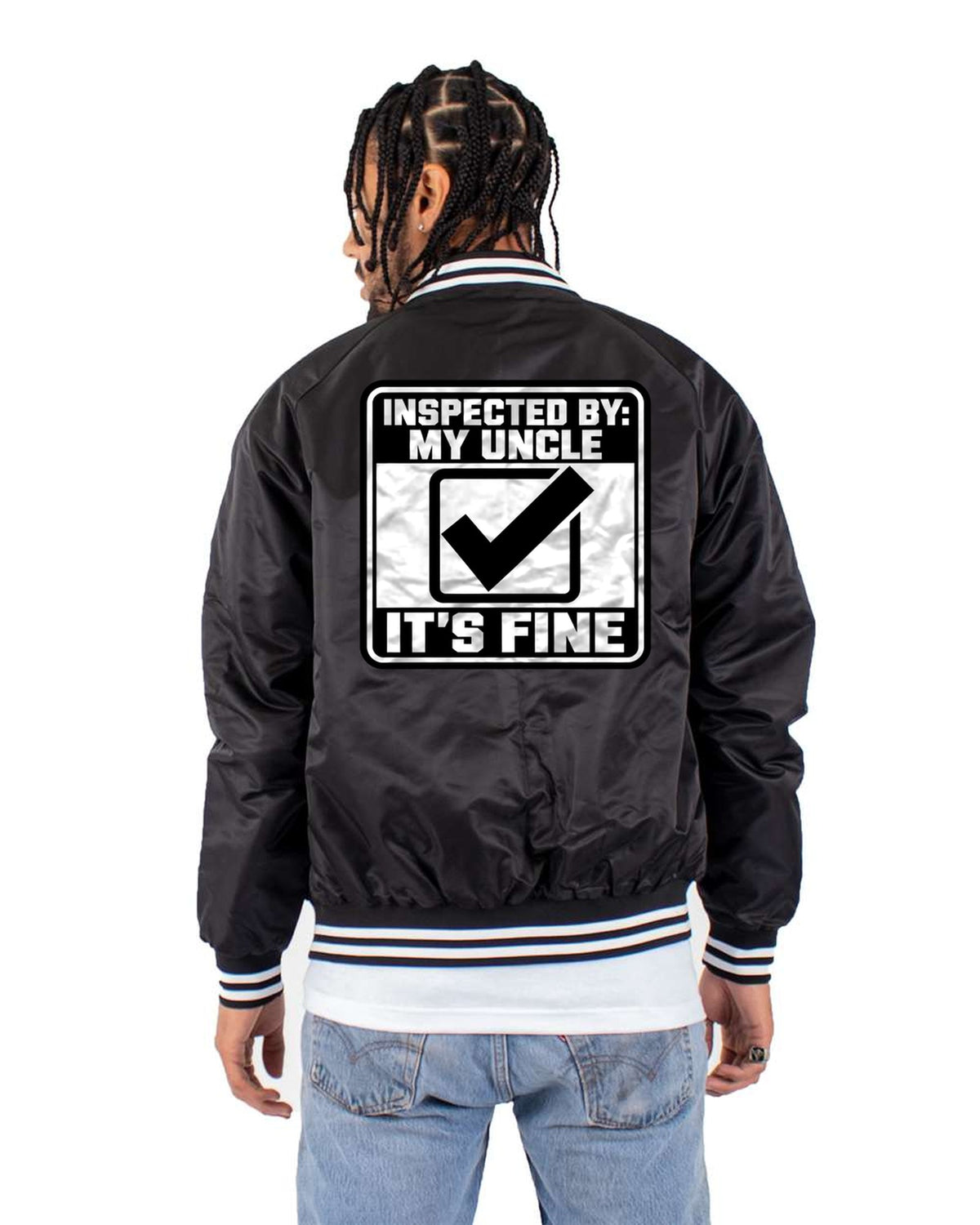 Funny Uncle Inspected Sticker Shirt for Car Guys Bomber Jacket Black back