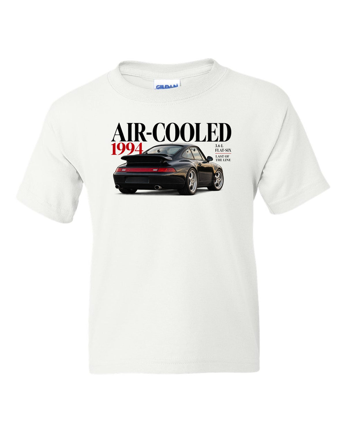 Editorial print of a Porsche 911 993 Carrera coupe with Air-Cooled 1994 3.6 L flat-six lettering white kids tee front view with the design