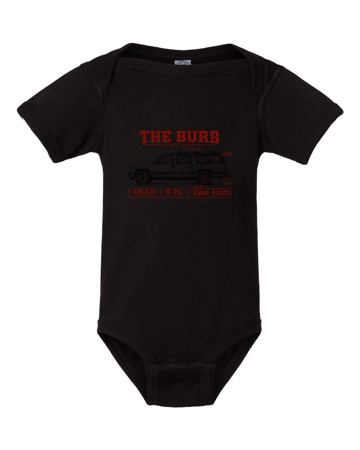 1992-99 Chevy Suburban GMT400 spec poster print black baby onesie front view with the design