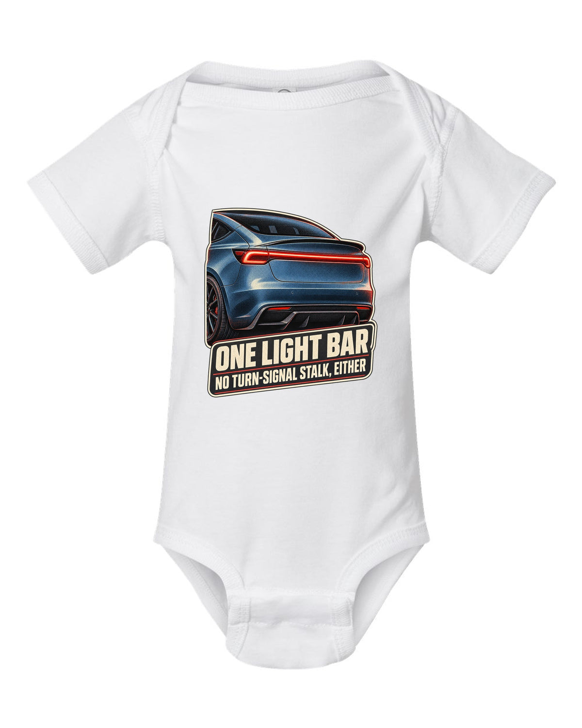 Rear taillight macro print of a Tesla Model 3 Performance Highland with a light bar white baby onesie front view with the design