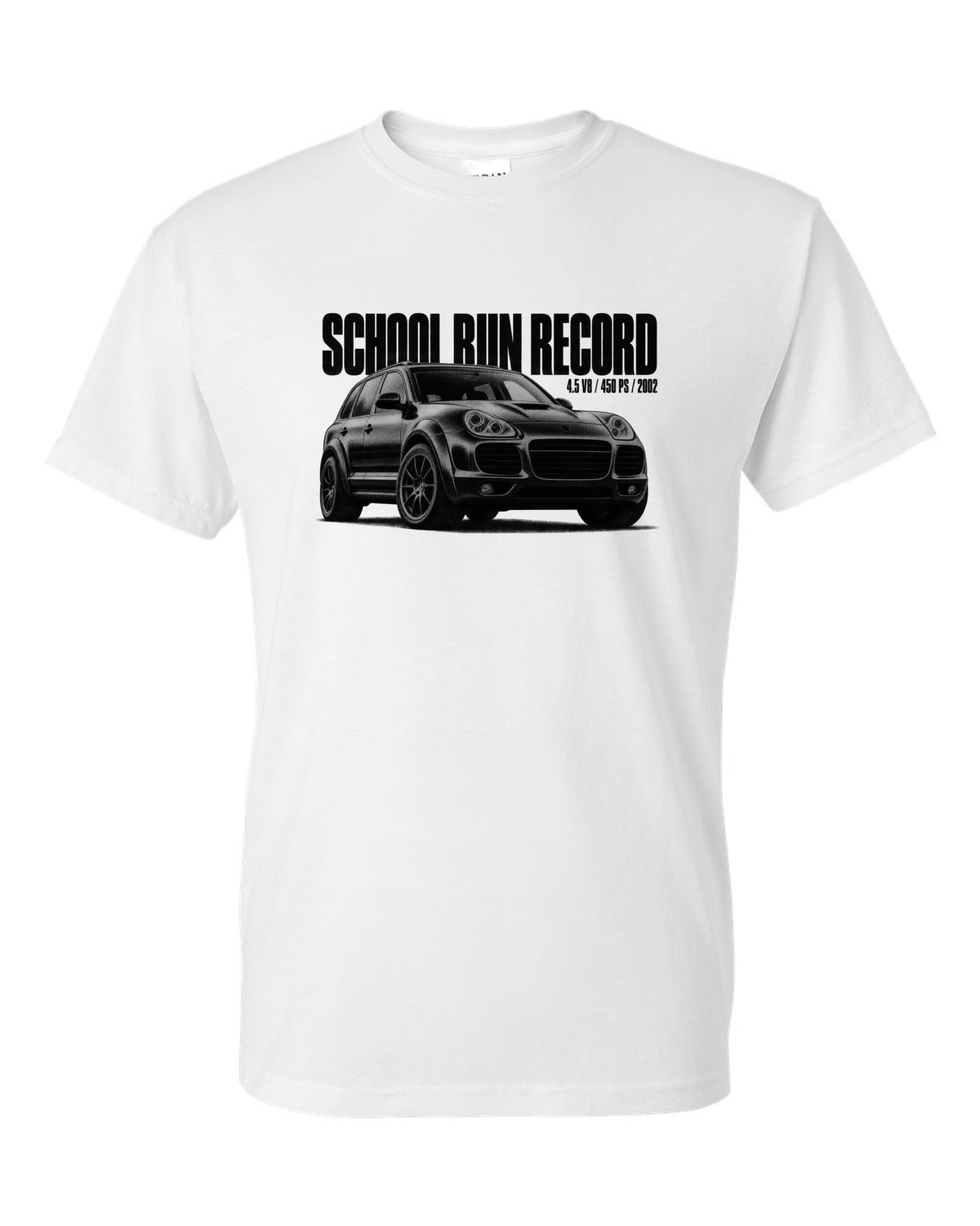 Halftone print of a Porsche Cayenne Turbo 955 with School Run Record caption white t-shirt front view with the design
