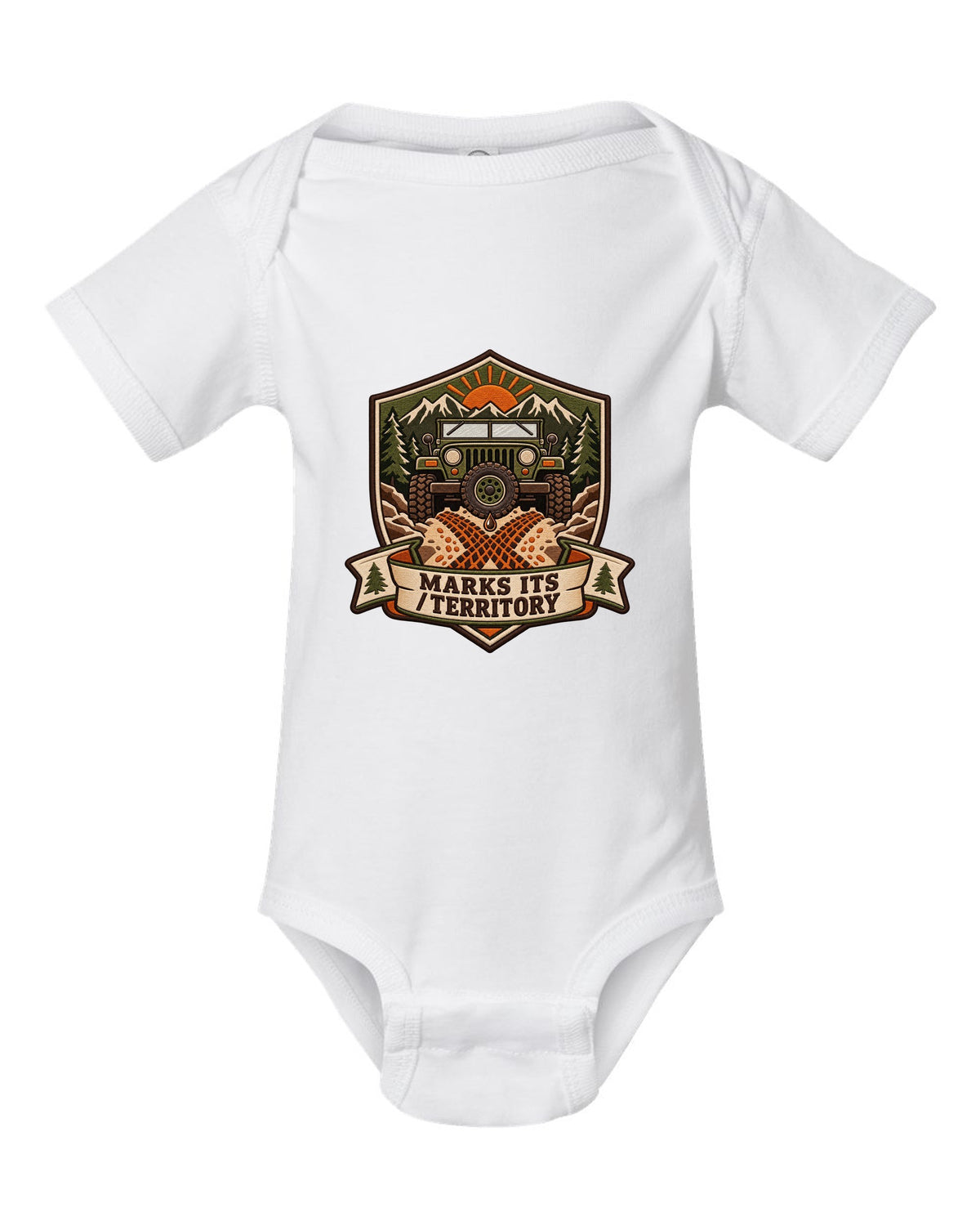 Expedition badge crest of a Toyota Land Cruiser FJ40 with the words Marks Its Territory white baby onesie front view with the design