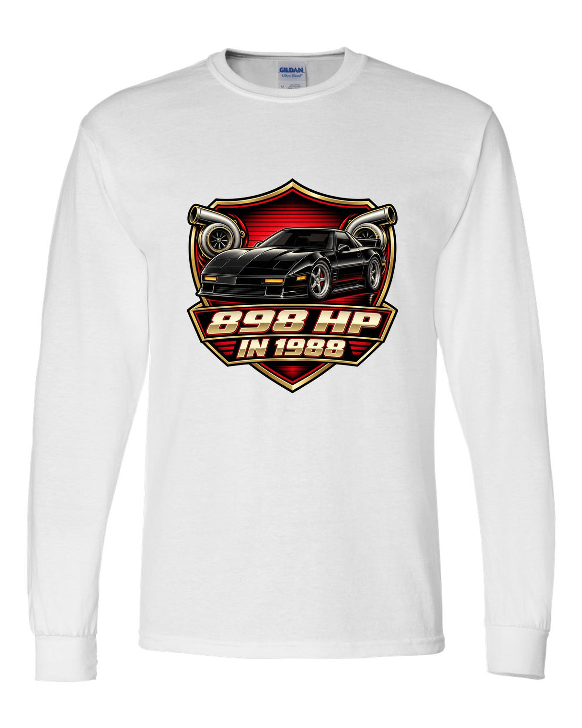 Badge crest design of a 2024 C8 hybrid AWD Corvette with 898 hp lettering white long sleeve front view with the design