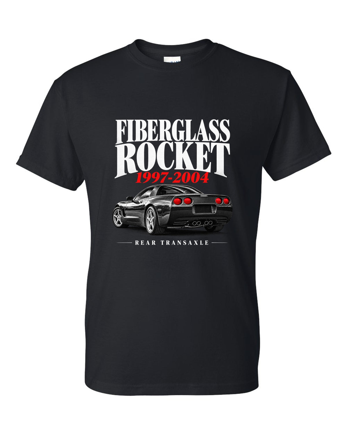 Corvette C5 coupe editorial headline print with rear transaxle text black t-shirt front view with the design