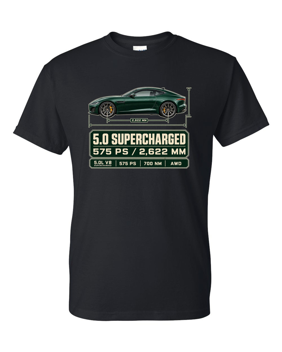 Spec poster print of the Jaguar F-Type R Coupe with 5.0 supercharged and 575 PS text black t-shirt front view with the design