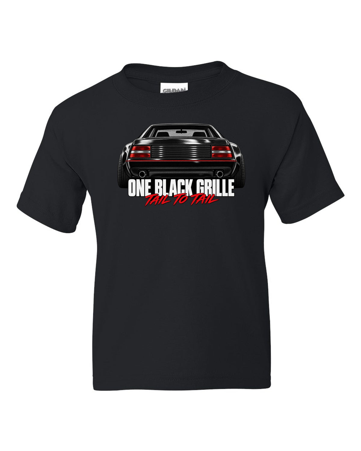 Macro print of the Ferrari Testarossa F110 rear grille with the line One Black Grille, Tail to Tail black kids tee front view with the design