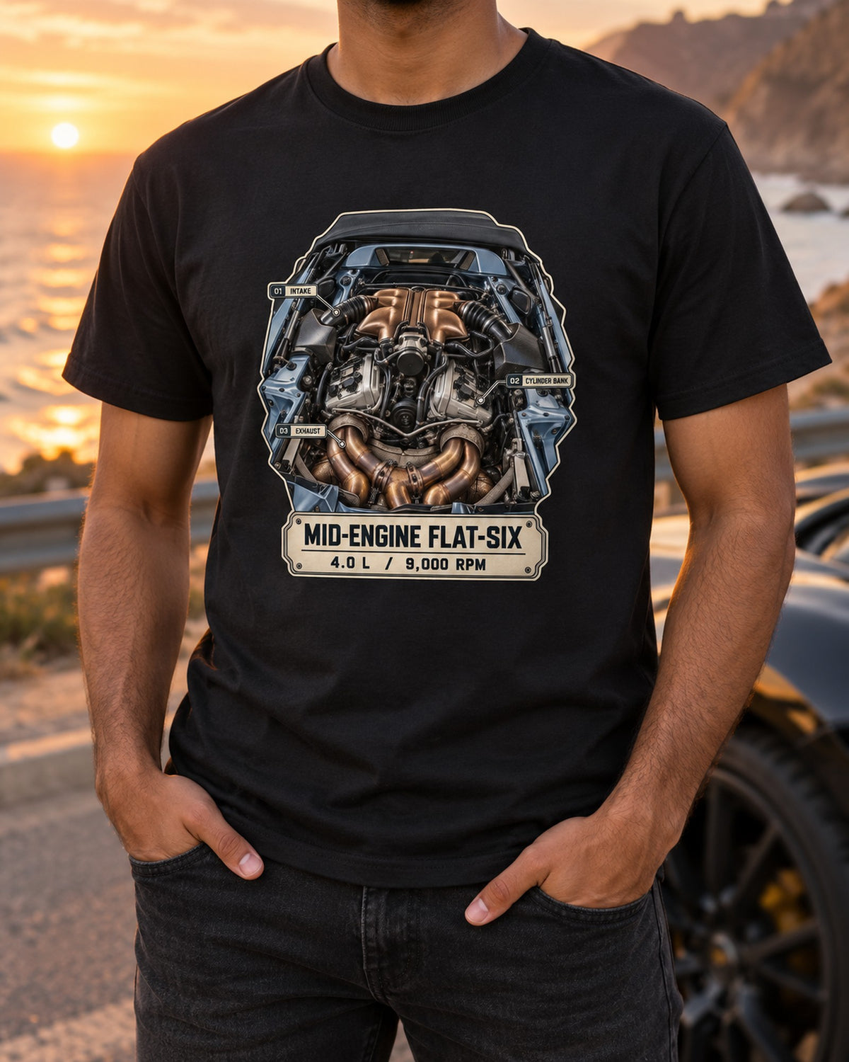Porsche 718 Spyder RS 982 Flat-Six Engine Shirt, Car Gift T-Shirt Black worn hero