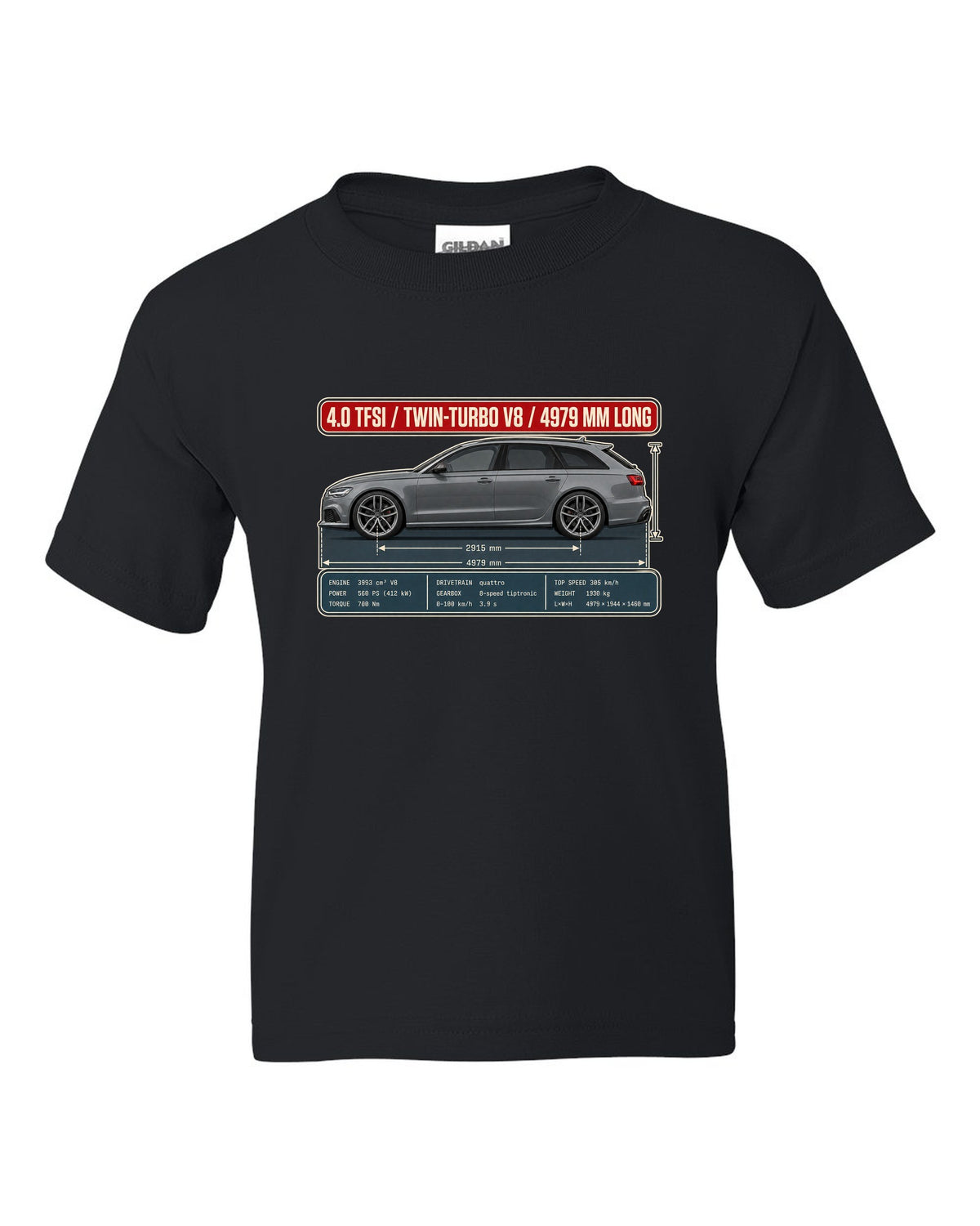 Audi RS6 Avant C7 Daytona grey dimension blueprint print black kids tee front view with the design
