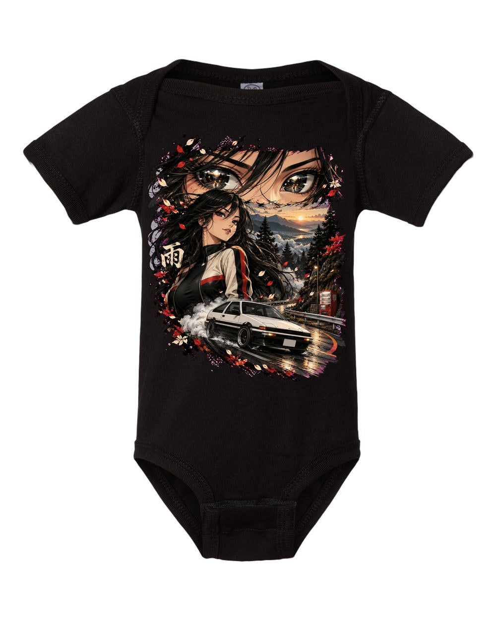 Toyota AE86 Anime Girl Baby Onesie Black front