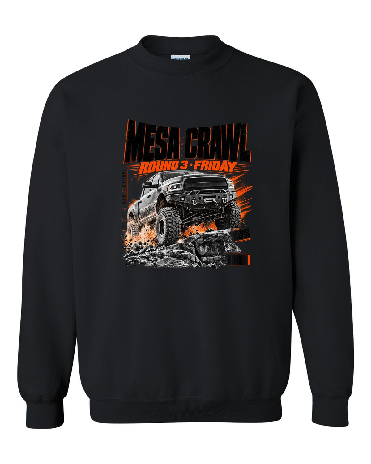 Race poster print of a Ram 2500 Power Wagon at a Mesa Crawl event black crewneck front view with the design