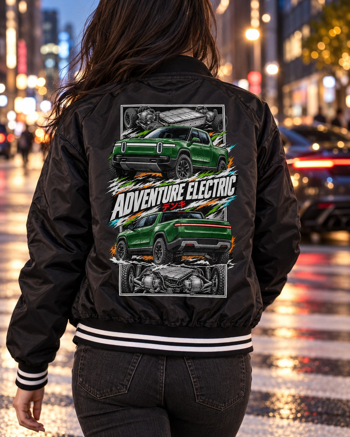 Rivian R1T Torn Poster Full-Back Graphic Tee Bomber Jacket Black worn hero