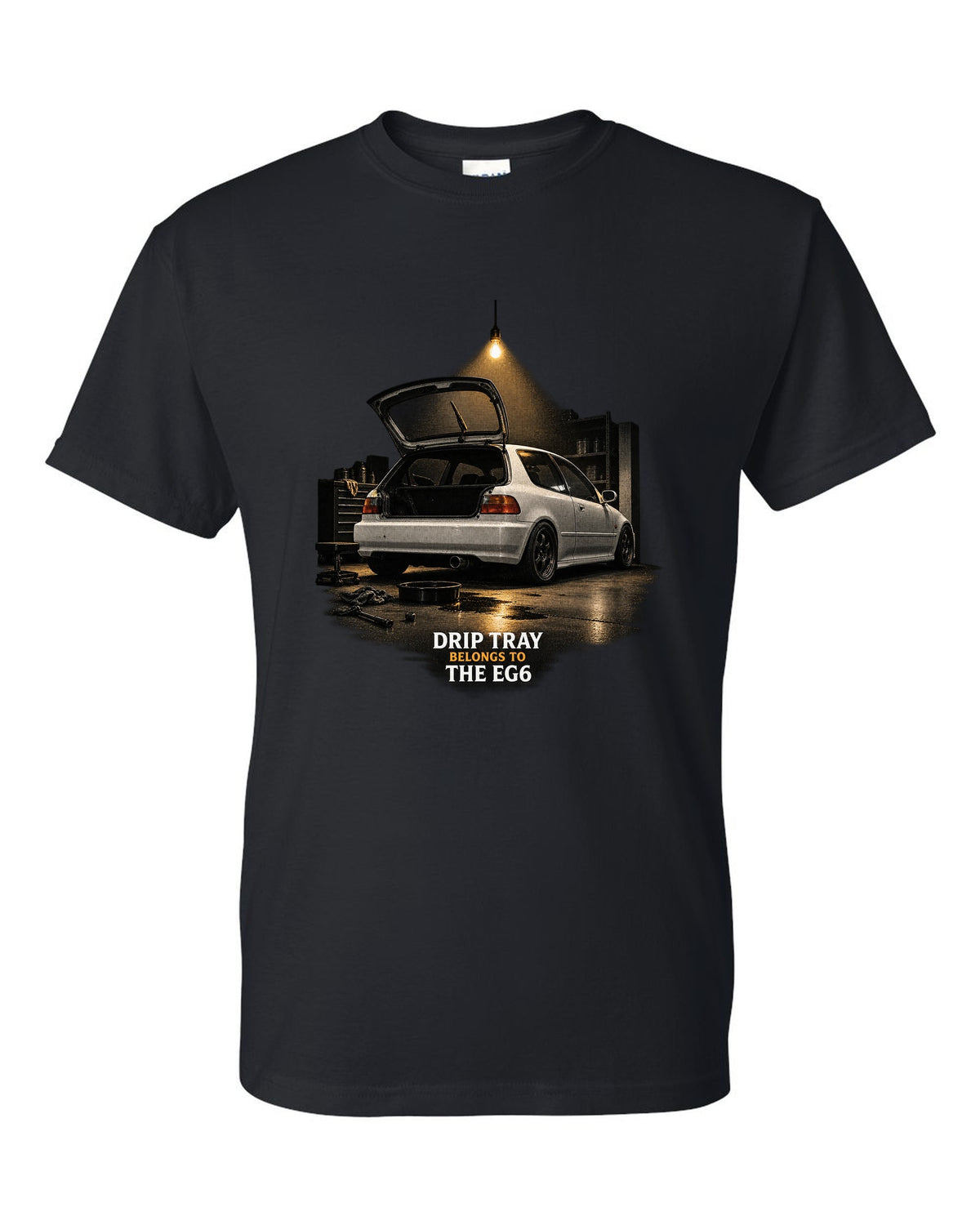 Garage night print of a 1993 Honda Civic EG6 SiR chback with drip tray text black t-shirt front view with the design