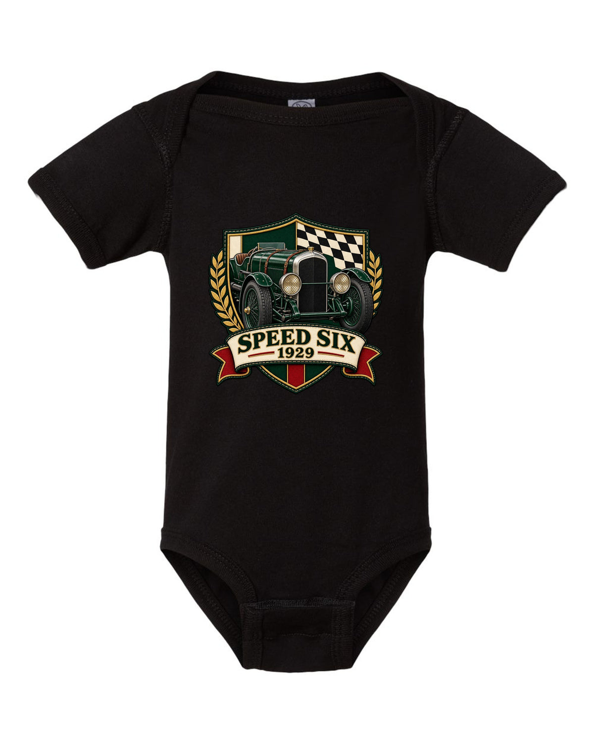Varsity-style embroidered crest design for the 1929 Bentley Speed Six with SPEED SIX lettering black baby onesie front view with the design