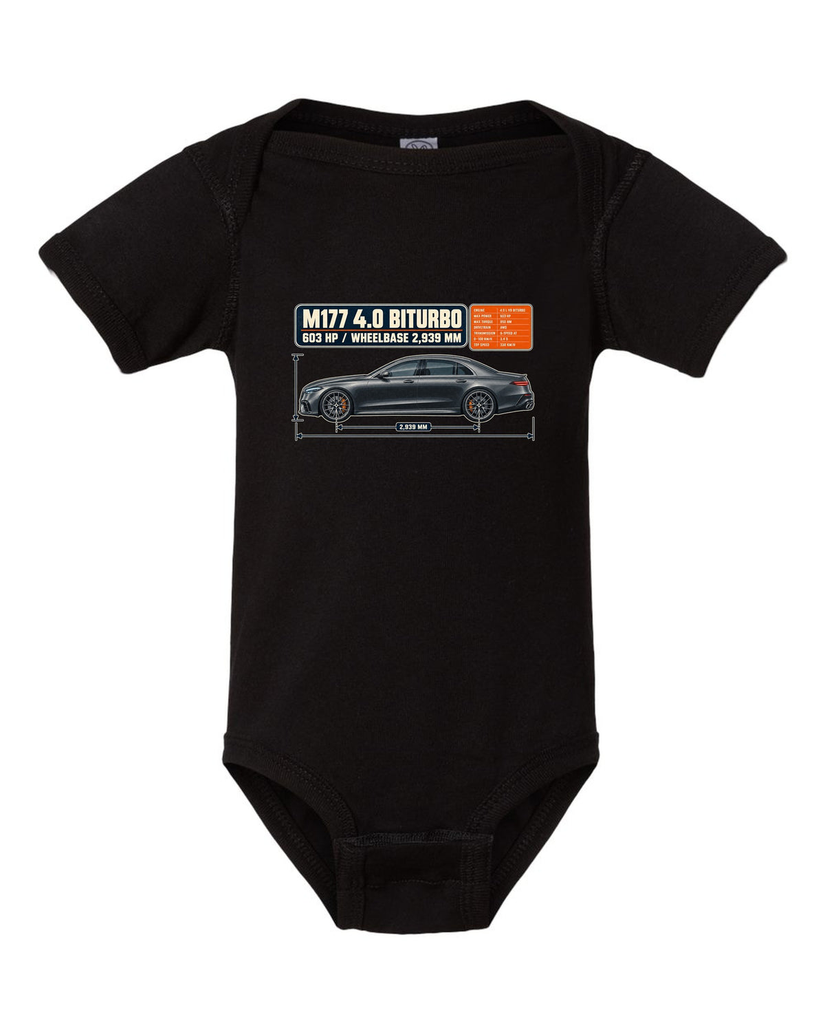 Dimension blueprint print of a graphite grey Mercedes-AMG E63 S W213 sedan black baby onesie front view with the design