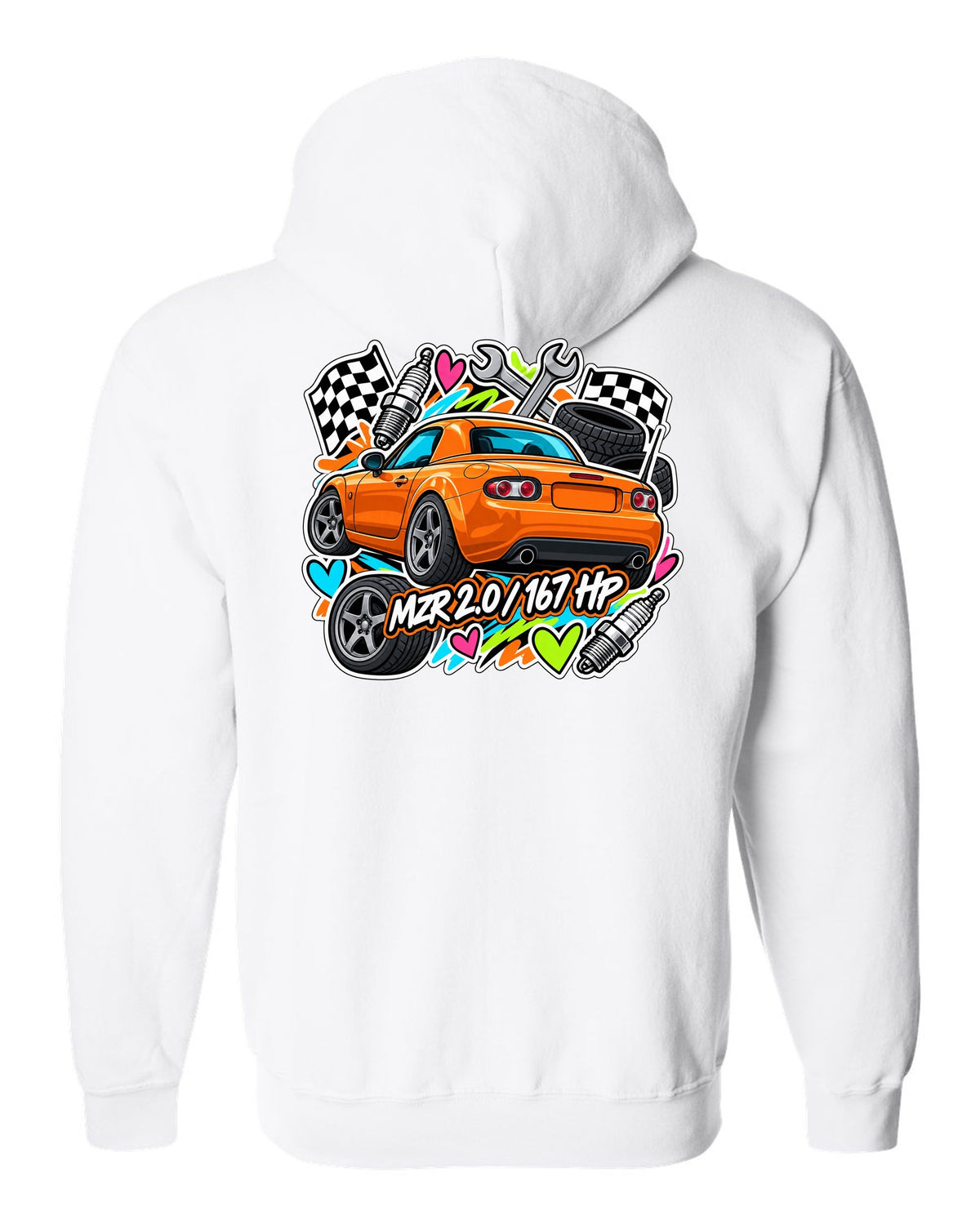 Mazda MX-5 NA6CE Cyanotype Blueprint white zip hoodie back view with the design