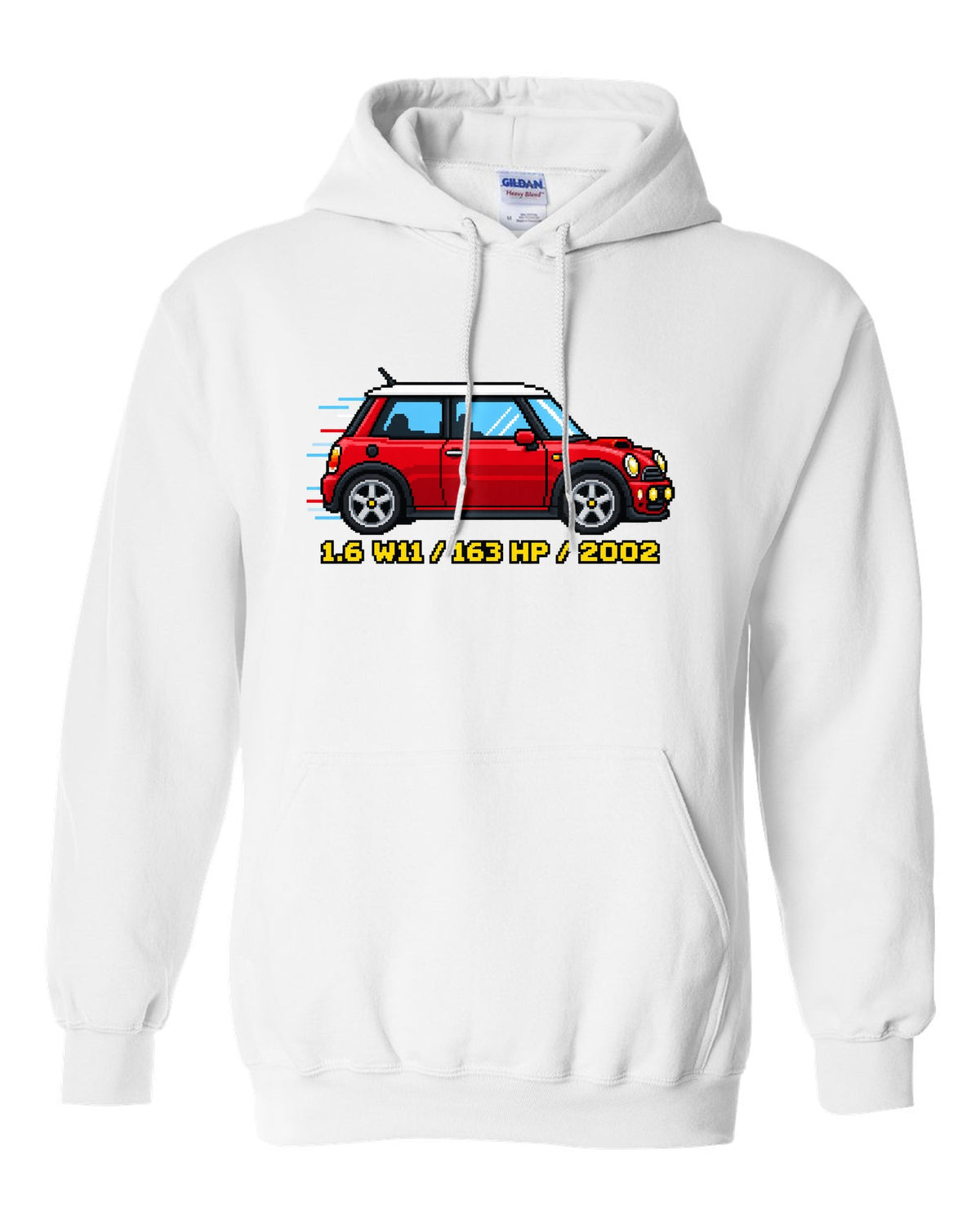 Sixteen-bit pixel art Mini Cooper S R53 with 1.6 W11, 163 HP, 2002 stats white pull over hoodie front view with the design