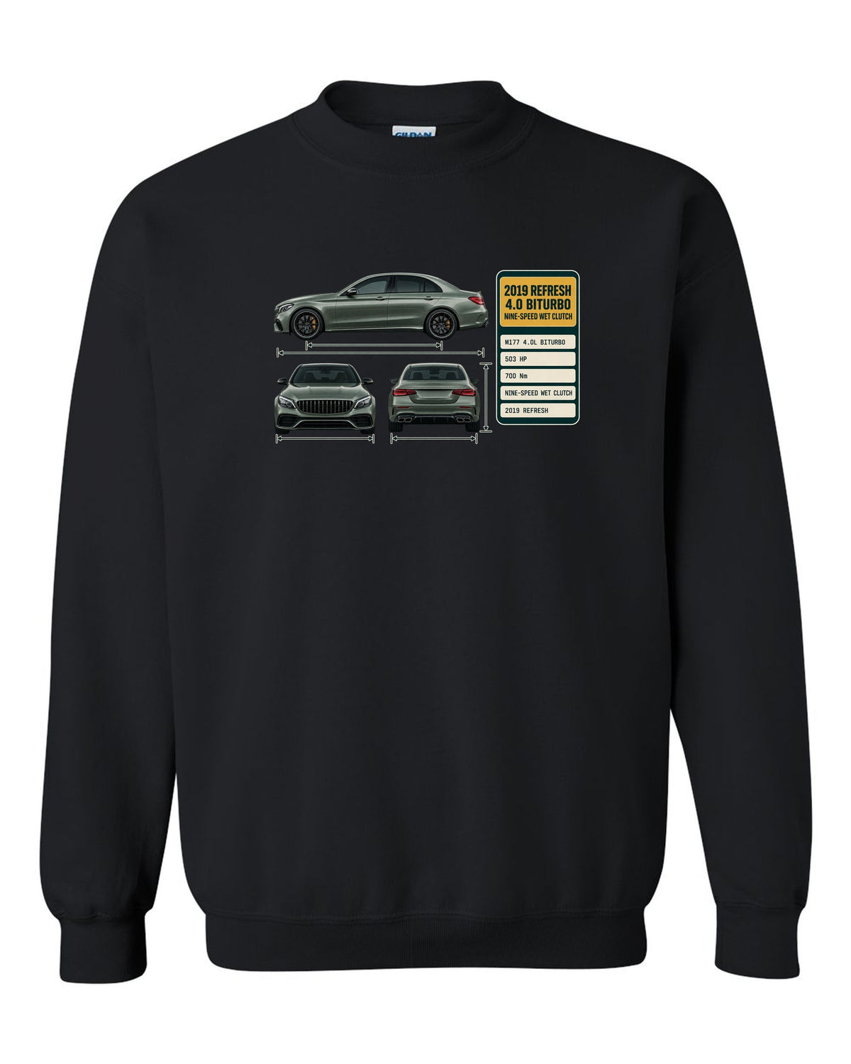 Spec poster print of a Mercedes-AMG C63 S W205 facelift sedan black crewneck front view with the design