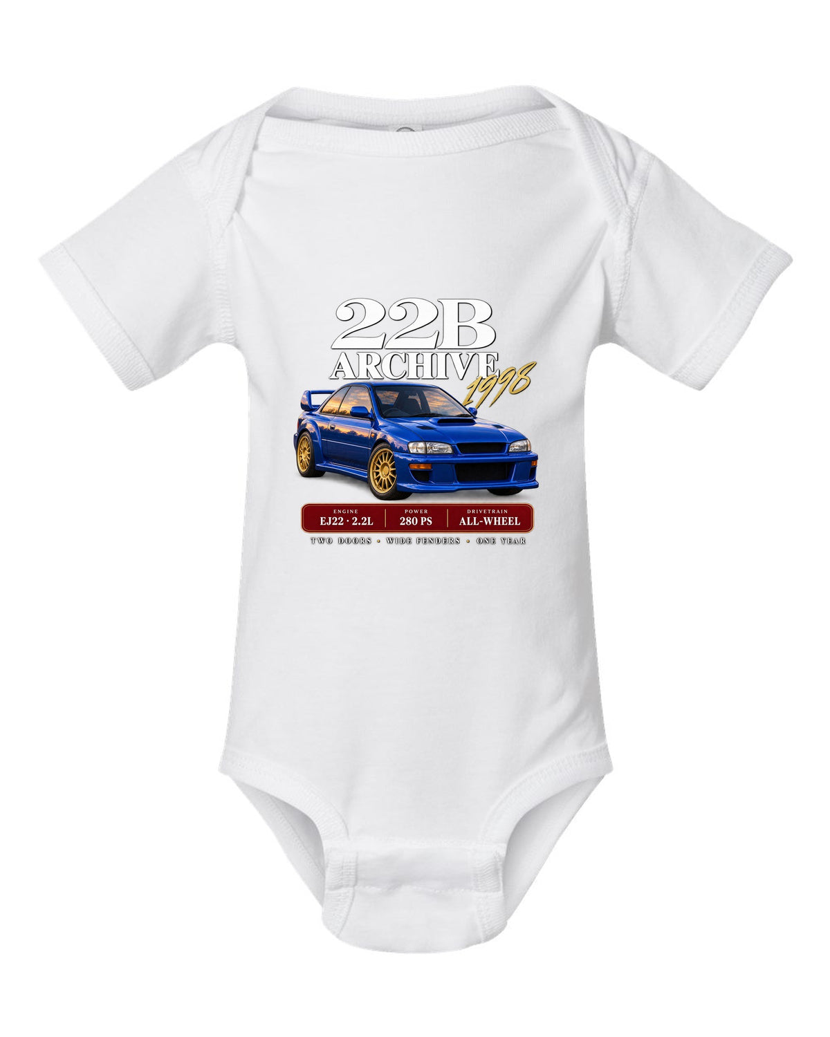 Subaru Impreza 22B STI 1998 archive panel with EJ22 2.2L 280 PS specs white baby onesie front view with the design