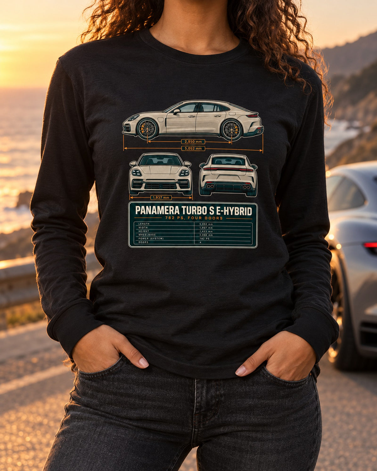 Porsche Panamera Turbo S E-Hybrid G3 Three-View Spec Shirt Long Sleeve Black worn hero