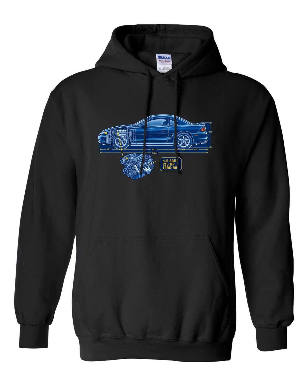 Cyanotype blueprint print of a 1994-98 Ford Mustang SN95 coupe black pull over hoodie front view with the design